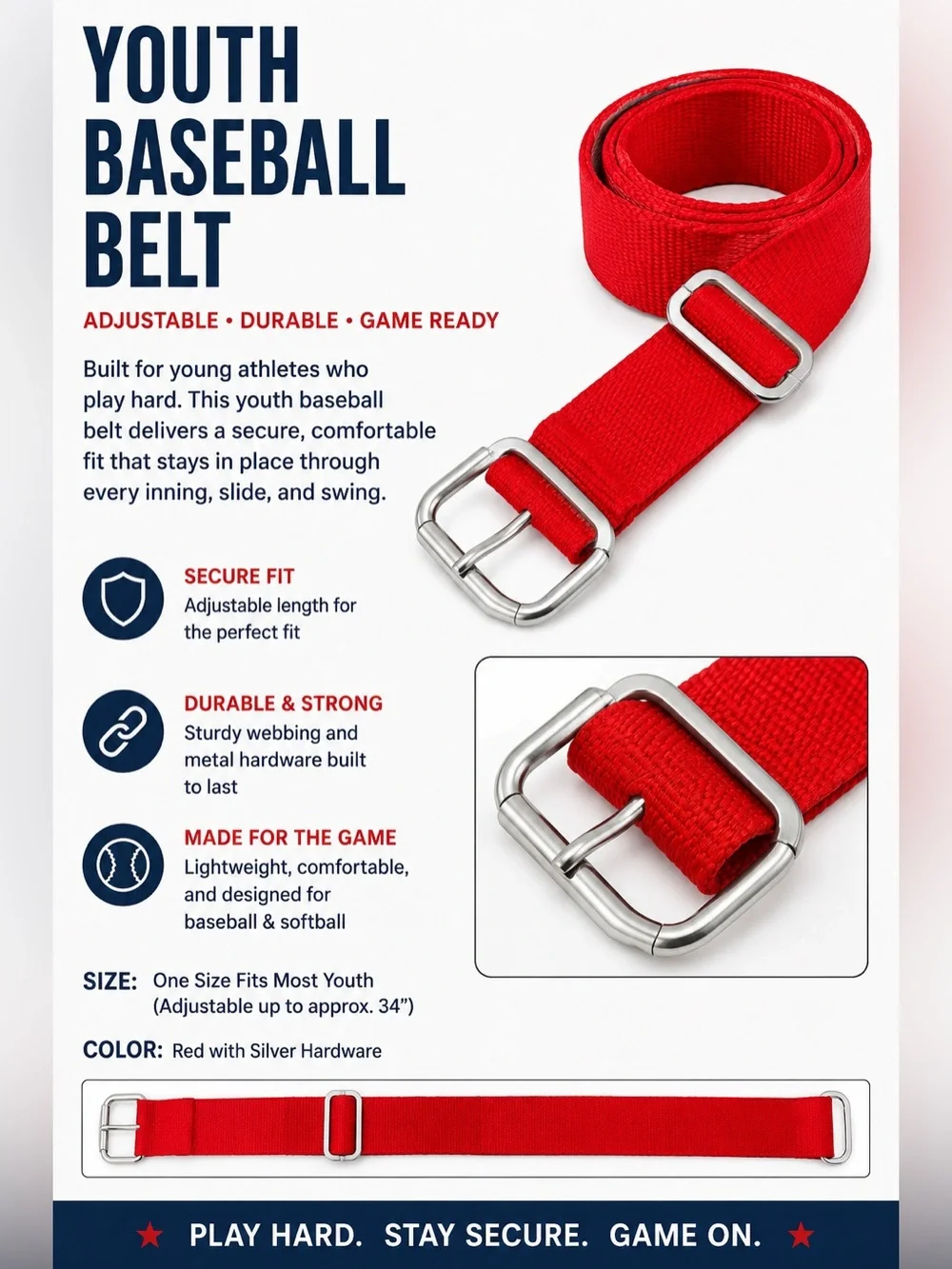 Youth Baseball Belt Red Adjustable Elastic Sports Belt One Size